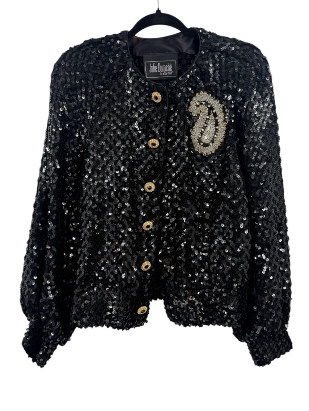 Vintage Julie Duroché Sequin Jacket Black Beaded Paisley Evening Blazer Glam 80s